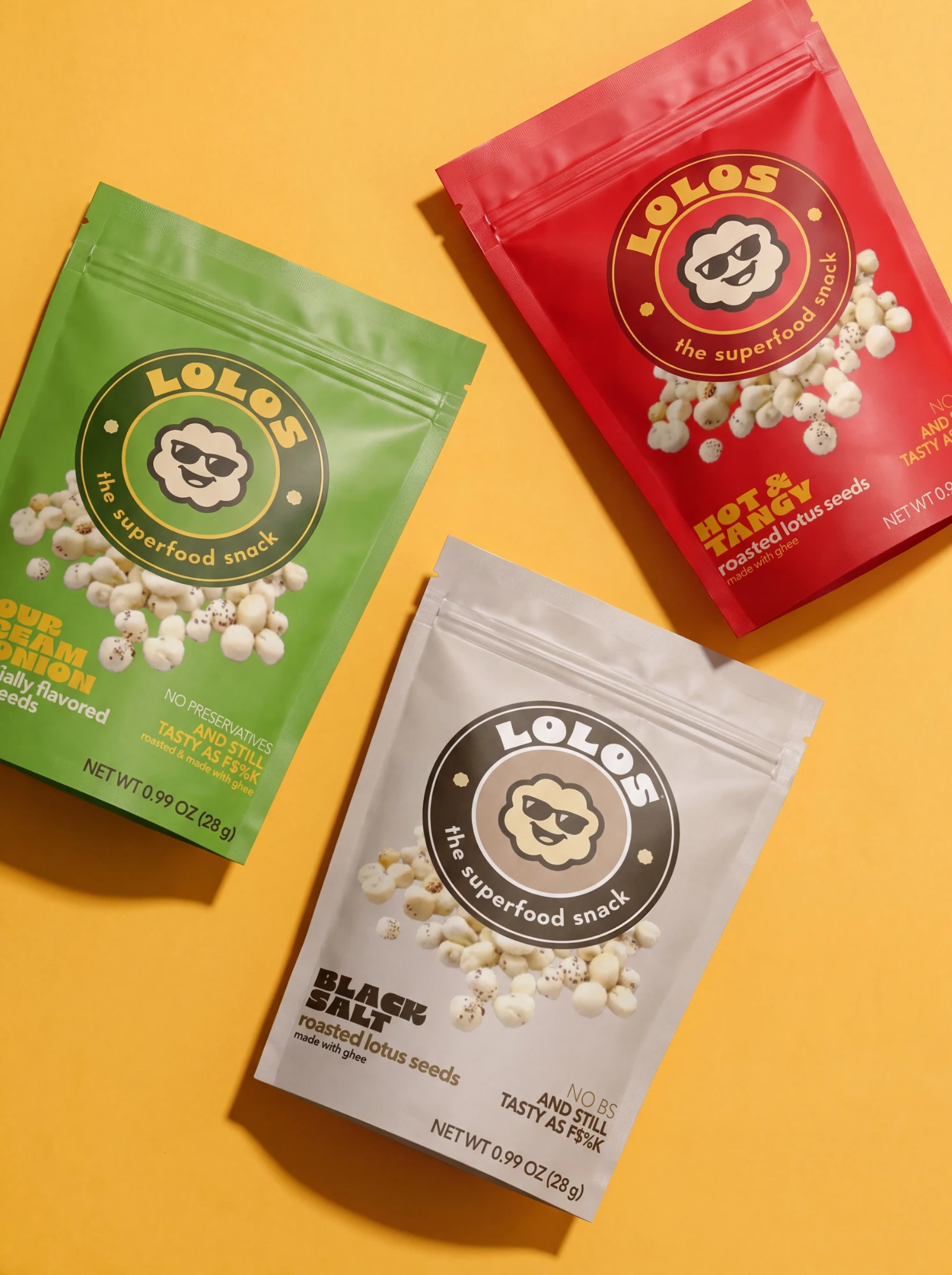 LOLOS Mixed Batch: one pouch each of Sour Cream & Onion, Hot & Tangy and Black Salt